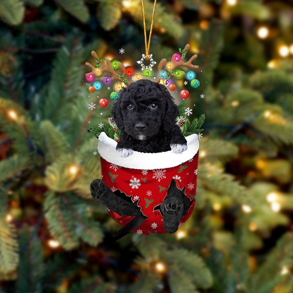 BLACK Goldendoodle In Snow Pocket Ornament