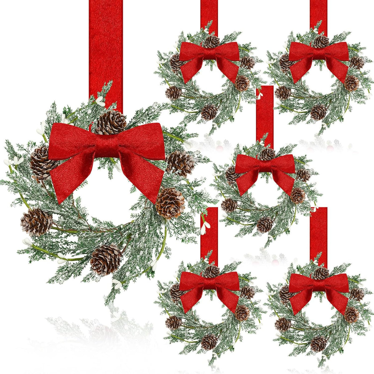 🔥Last Day 49% OFF✨6-Pack Christmas Mini Window Wreaths with Ribbon Bows & Red Berries