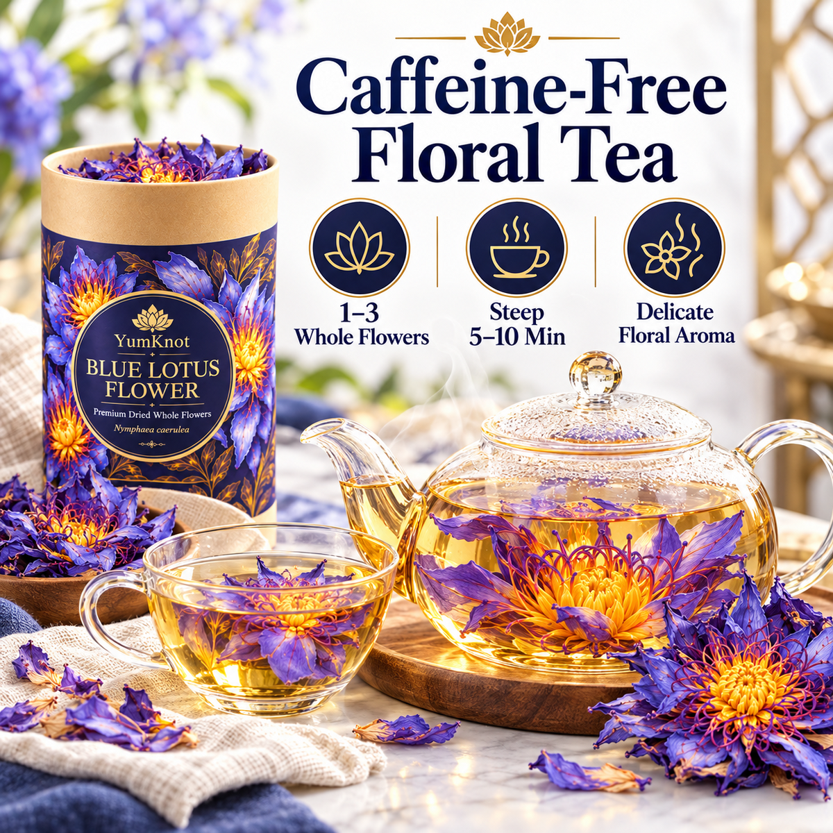 YumKnot Blue Lotus Flower Tea, Whole Dried Flowers