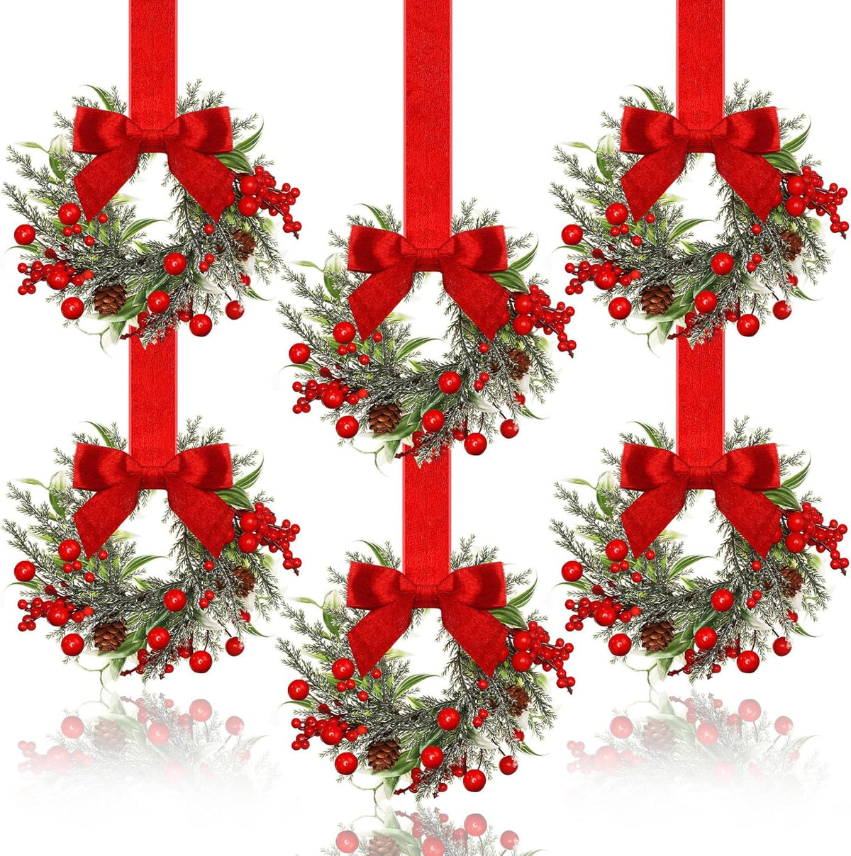 🔥Last Day 49% OFF✨6-Pack Christmas Mini Window Wreaths with Ribbon Bows & Red Berries