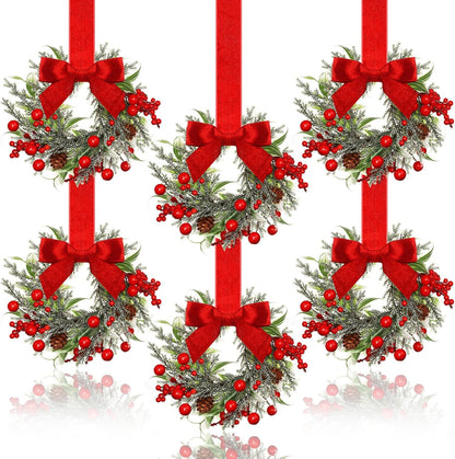 🔥Last Day 49% OFF✨6-Pack Christmas Mini Window Wreaths with Ribbon Bows & Red Berries