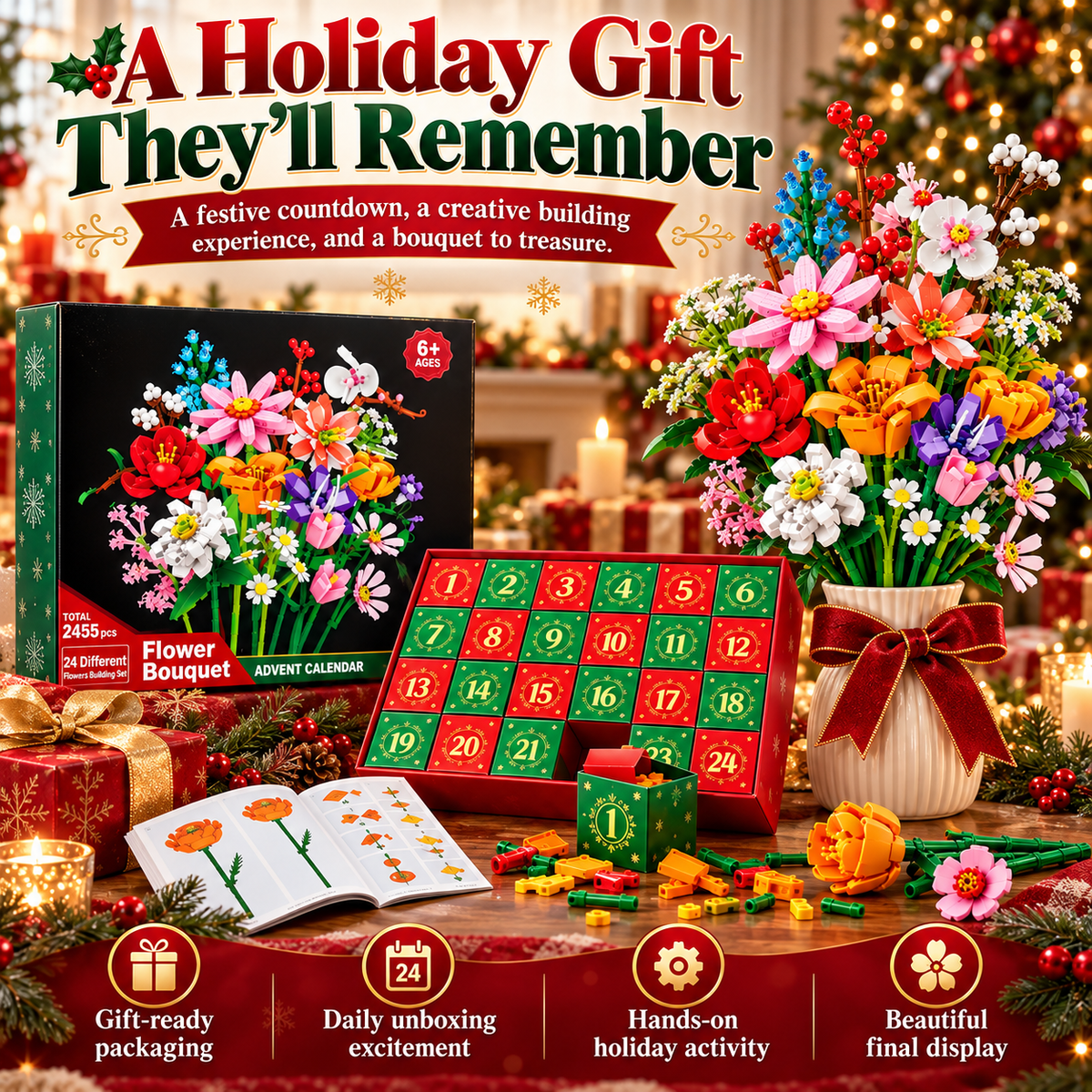 Flower Bouquet Advent Calendar – 24-Day Building Block Flower Set🌺🤭