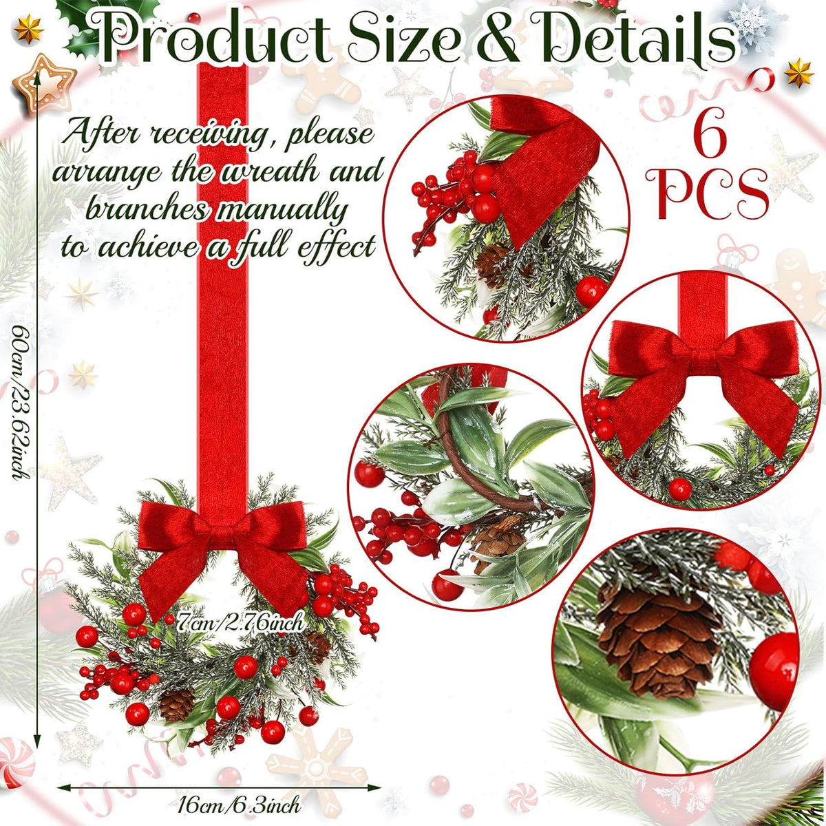 🔥Last Day 49% OFF✨6-Pack Christmas Mini Window Wreaths with Ribbon Bows & Red Berries