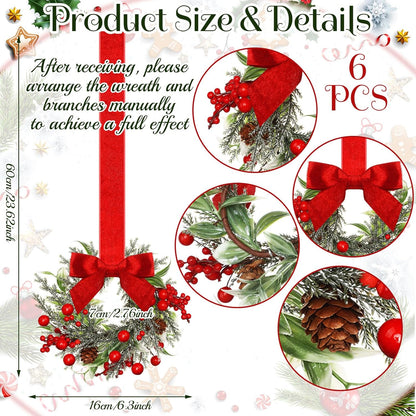 🔥Last Day 49% OFF✨6-Pack Christmas Mini Window Wreaths with Ribbon Bows & Red Berries
