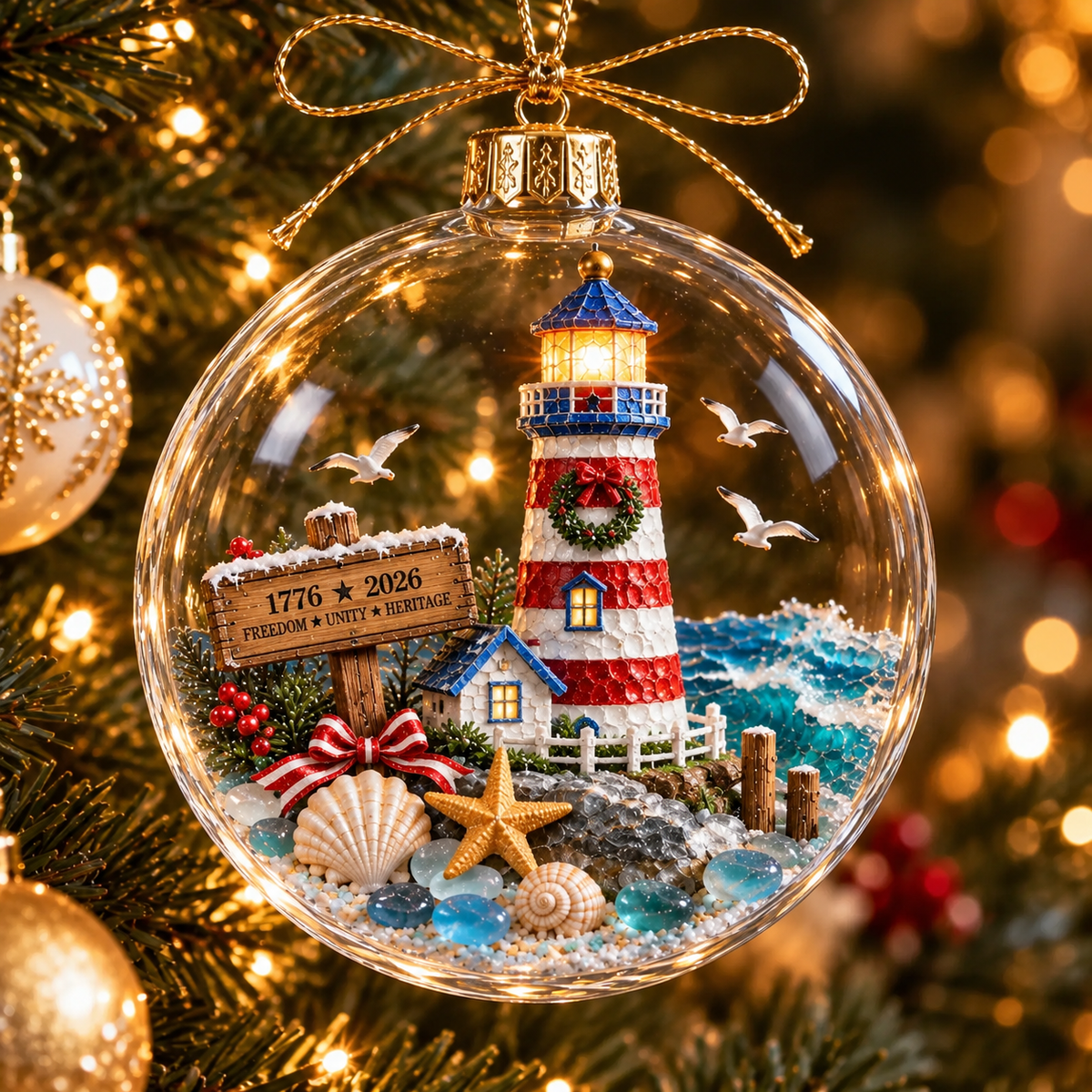 🇺🇸 250th Anniversary Patriotic Coastal Ornament – USA Christmas Hanging Keepsake