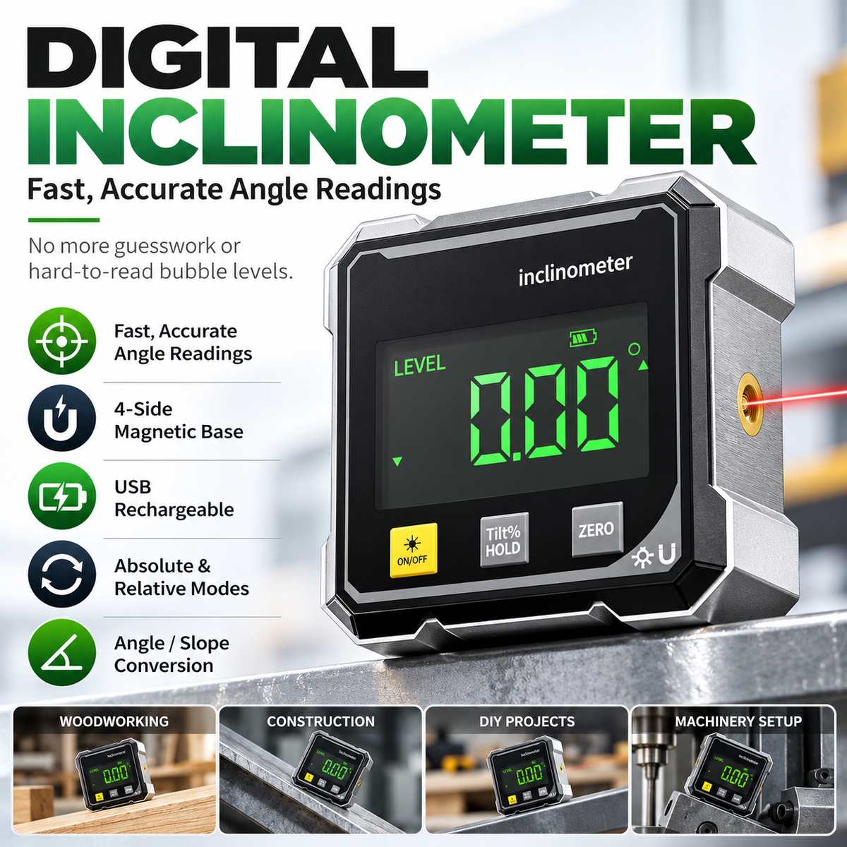 📏Rechargeable Magnetic Digital Angle Finder 📐– Inclinometer for Woodworking, Metalwork & DIY