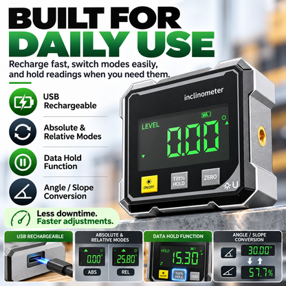 📏Rechargeable Magnetic Digital Angle Finder 📐– Inclinometer for Woodworking, Metalwork & DIY