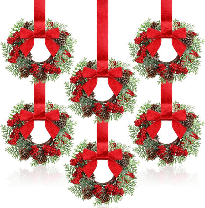 🔥Last Day 49% OFF✨6-Pack Christmas Mini Window Wreaths with Ribbon Bows & Red Berries